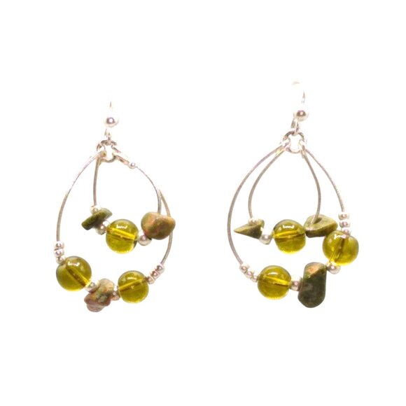 Concentric Ovals Hoop Earrings in Silver Tone and Green with Unakite Jasper Ston - Picture 1 of 4